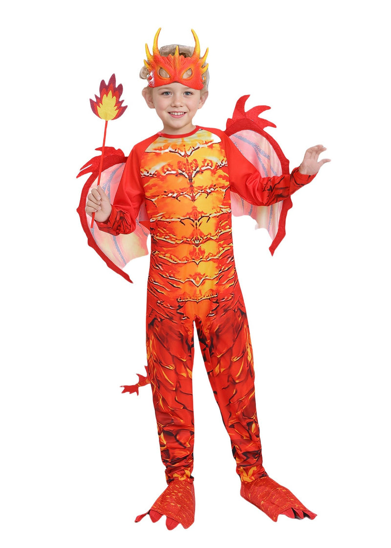 Kids wearing red fire dragon costume with wings and horned mask, front view