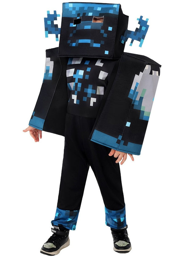 Kids pixel game monster costume with blue sonic sensors and blocky arms