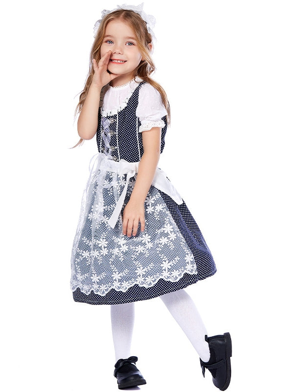 Girls navy polka-dot Bavarian dirndl costume with white lace apron and peasant blouse