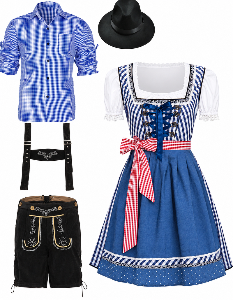 Adult Bavarian Oktoberfest Couples Costume - Mens Lederhosen & Womens Dirndl Set
