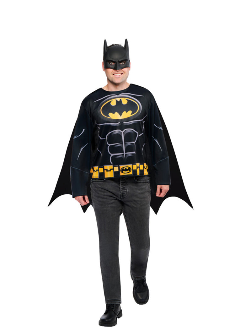 Close-up of Batman chest logo and utility belt print on black costume top
