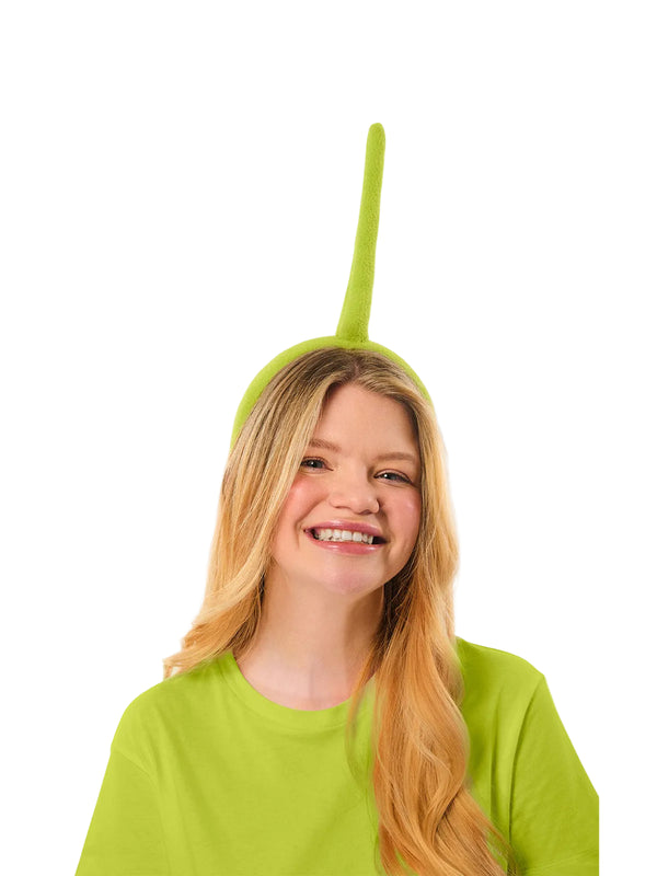Adult Dipsy Teletubbies headband with green straight antenna on white background