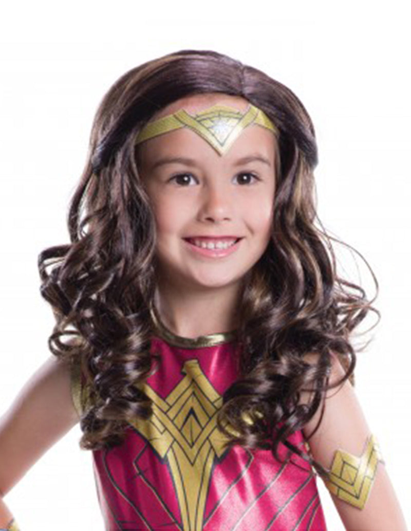 Kids Wonder Woman Wig - Long Brown Curly Superhero Hair Accessory