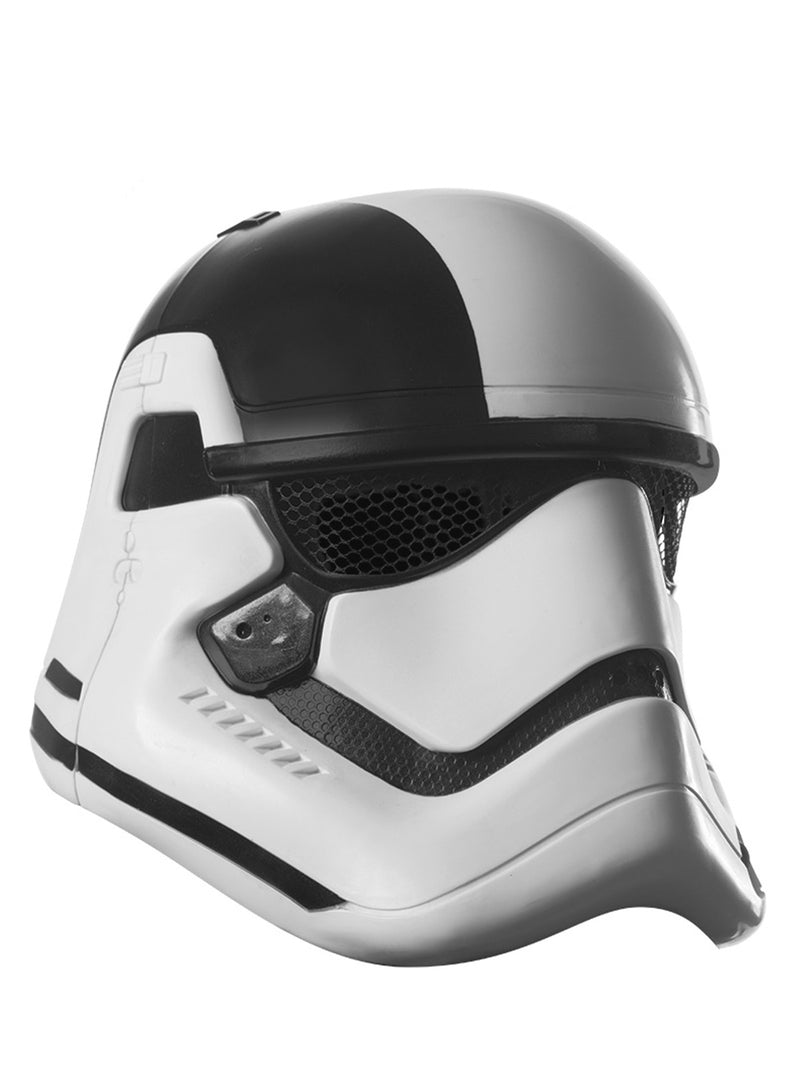 Adult Executioner Trooper Mask front three-quarter view - white molded plastic helmet with bold black painted accents and mesh eye slots