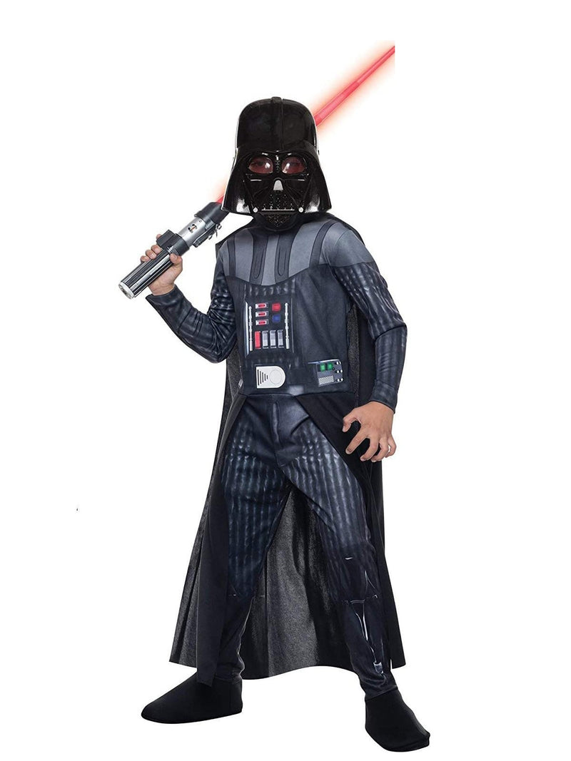 Kids Darth Vader Costume hero full front view - child wearing complete jumpsuit with cape, mask and toy lightsaber