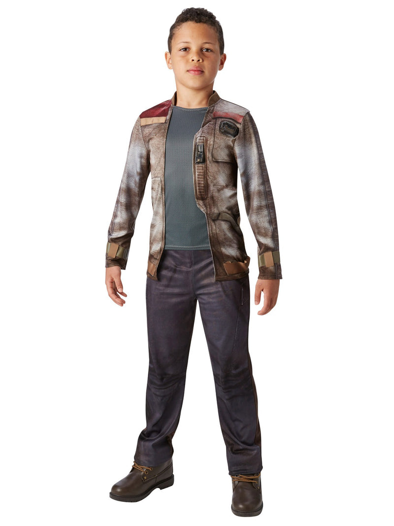 Kids Finn Deluxe Costume hero full front view - child wearing complete Resistance jacket top and brown pants with boots