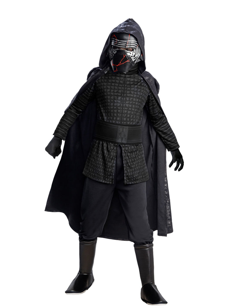 Kids Kylo Ren Deluxe Costume hero full front view - child wearing complete set with cape, hood, mask and gloves