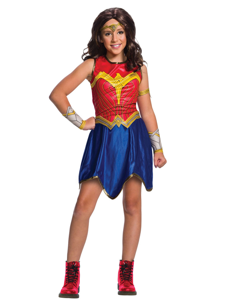 Girls Wonder Woman costume dress with red bodice, gold-and-blue skirt, foam tiara and gauntlets