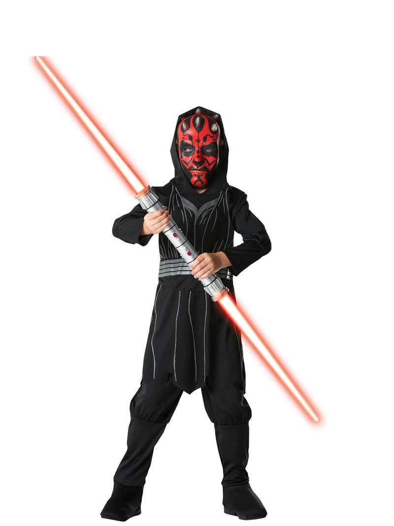 Kids Boys Darth Maul Deluxe Costume hero full front view - child wearing printed Sith tunic, pants with boot tops and painted red and black Darth Maul mask, holding red double-bladed lightsaber
