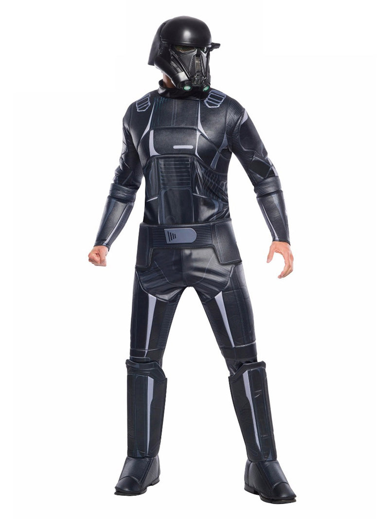 Adult Death Trooper Rogue One Deluxe Costume hero full front view - adult wearing printed black armour jumpsuit, printed belt and 2-part molded Death Trooper mask helmet