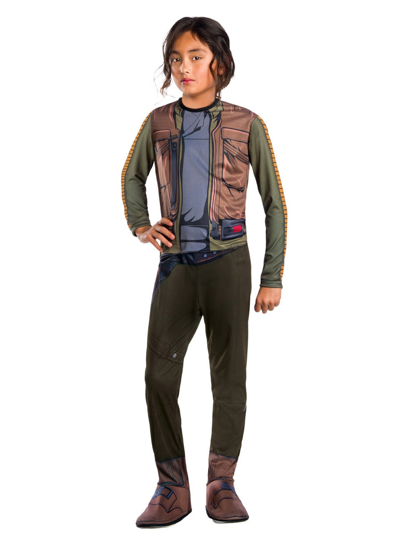 Kids Girls Jyn Erso Classic Costume hero full front view - girl wearing printed rebel jumpsuit with jacket and scarf prints, pants with boot tops
