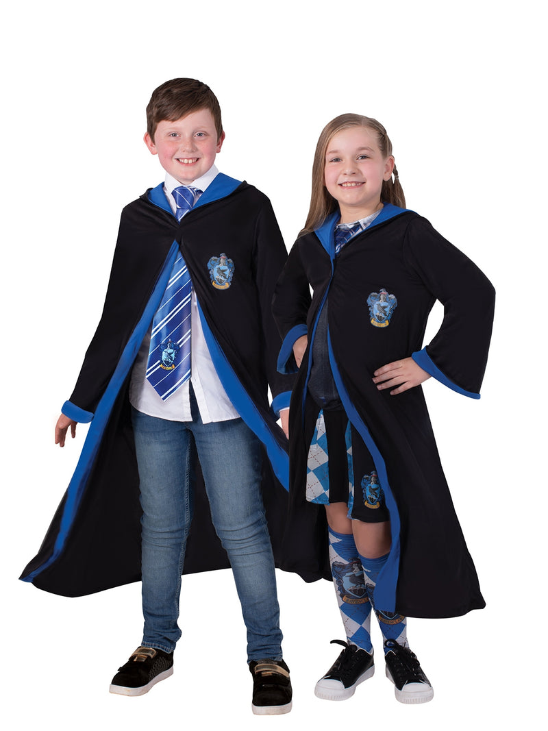 Kids Ravenclaw robe with blue trim and house crest, worn over casual clothes