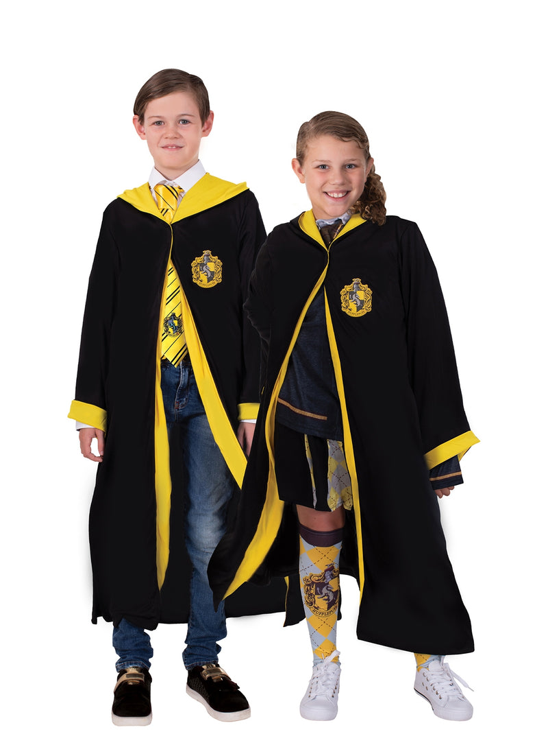 Kids black wizard robe with yellow trim and Hufflepuff badger crest on chest