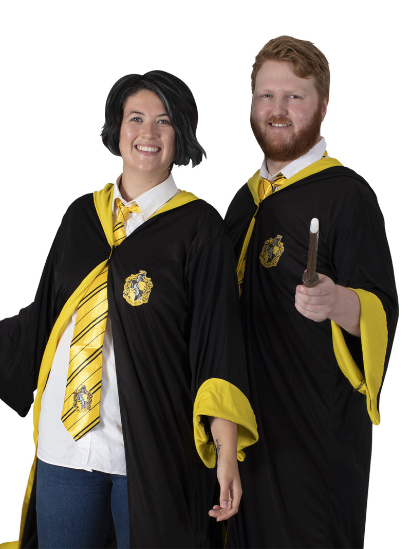 Adult Harry Potter Hufflepuff Hogwarts robe with attached hood and golden yellow satin lining, full-length front view