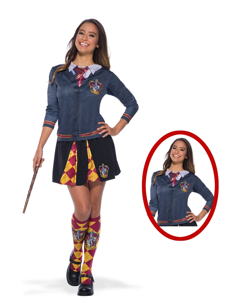 Adult Harry Potter Gryffindor costume top with printed cardigan and tie, embroidered crest on chest