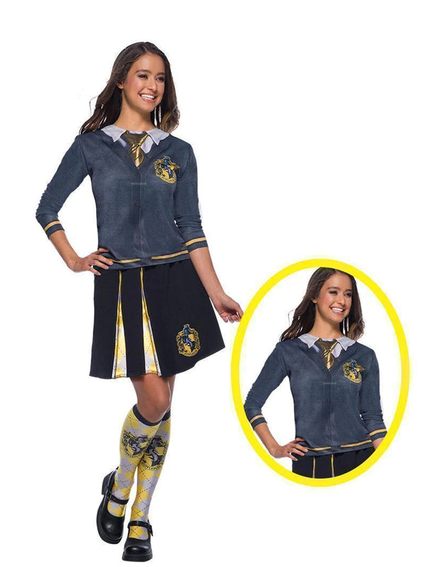 Womens Hufflepuff costume top with printed cardigan, tie, and house crest on charcoal grey knit fabric