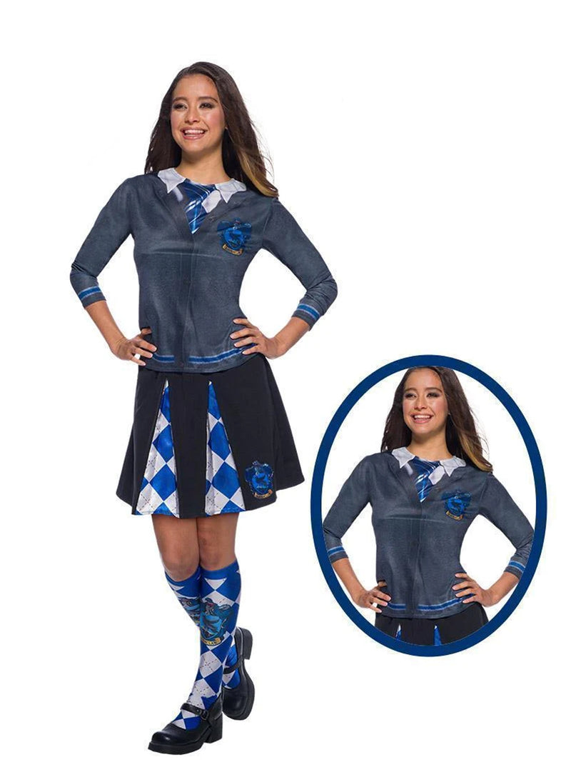 Womens Ravenclaw wizard costume top front view showing printed cardigan, tie, and house crest