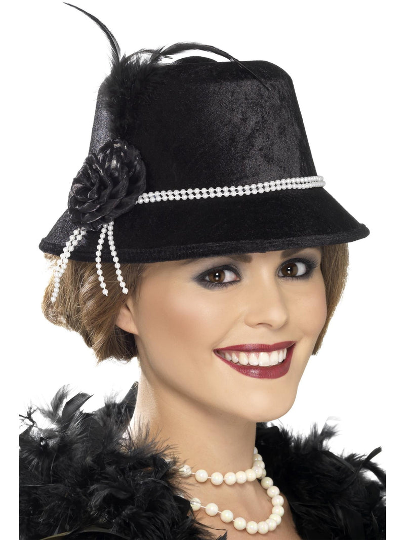 Adult 1920s Flapper Hat - Black Cloche with Feather & Pearl Beads