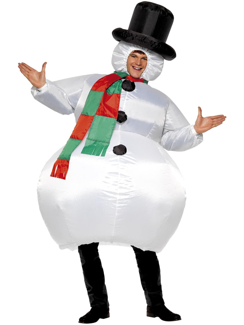 Adult wearing inflatable snowman costume with white body, striped scarf and black top hat