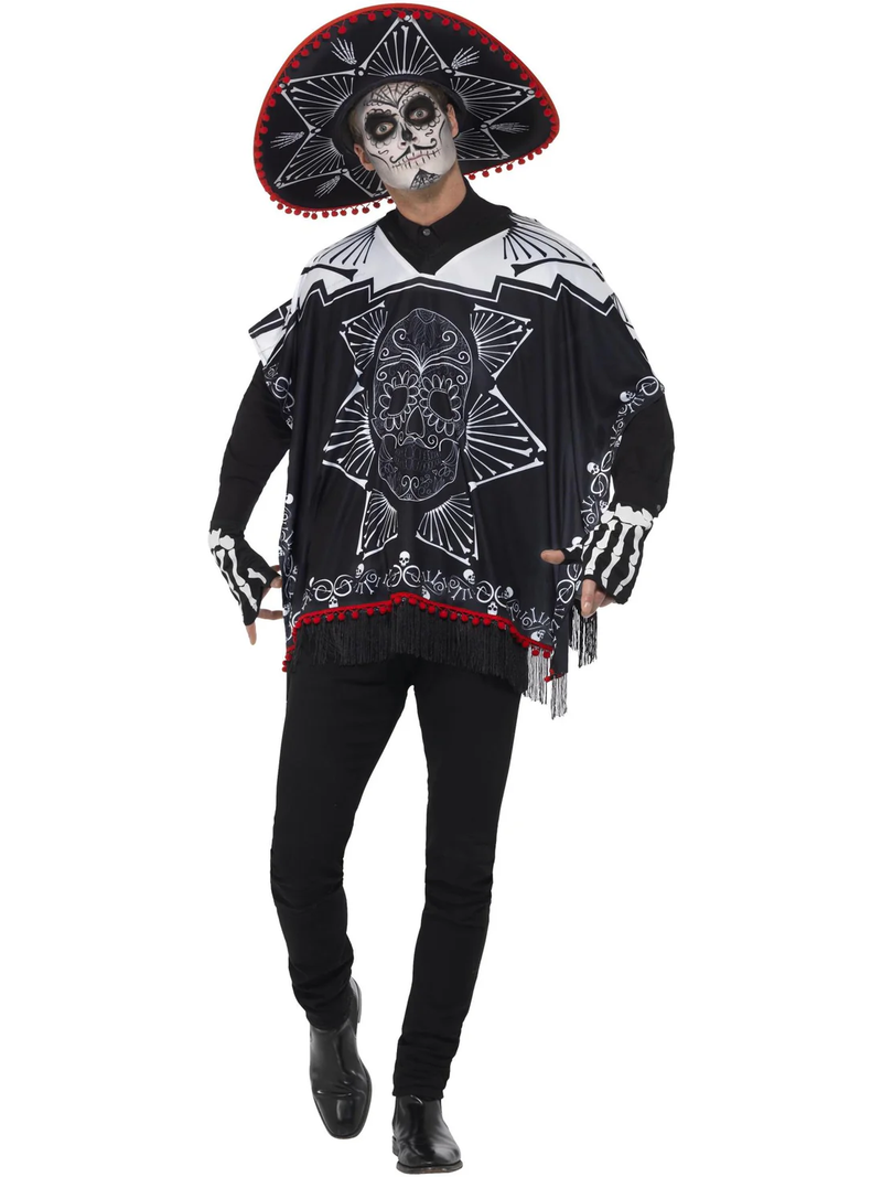 Adult Day of the Dead Bandit Costume - Skull Poncho & Sombrero Set