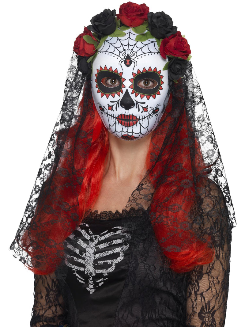 Adult Day of the Dead Senorita Mask - Sugar Skull Rose Crown Lace Veil