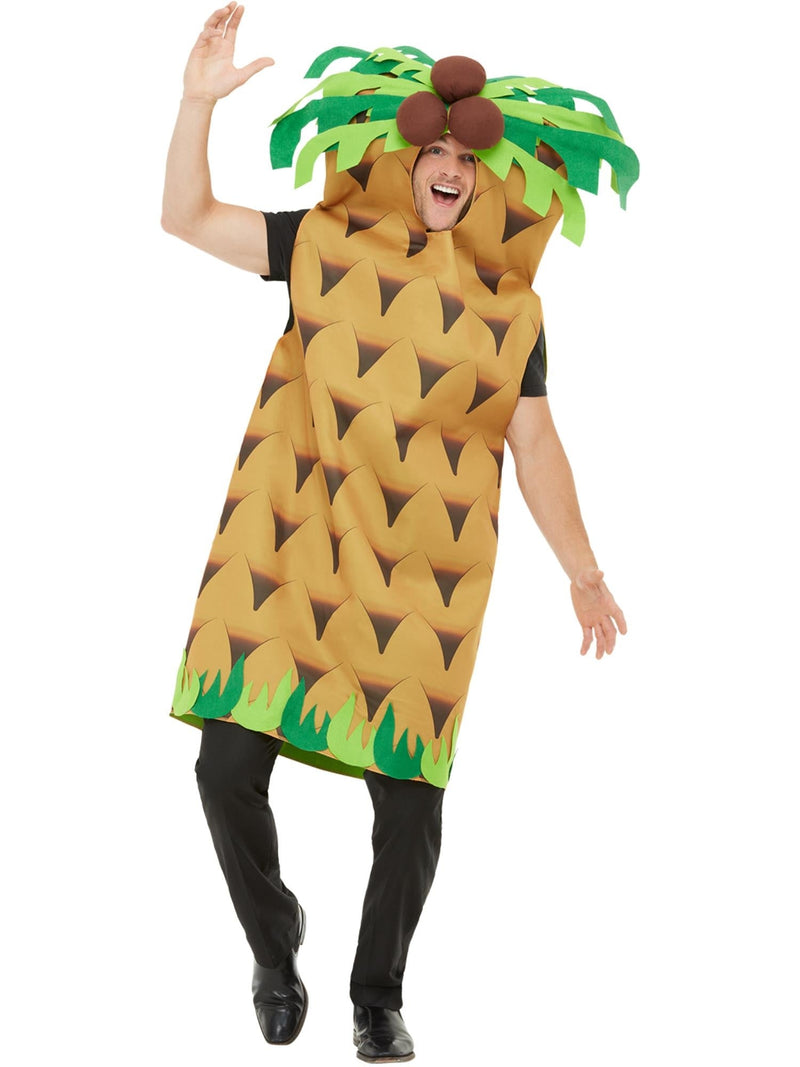 Adult pineapple costume tunic with green palm frond crown and coconut clusters
