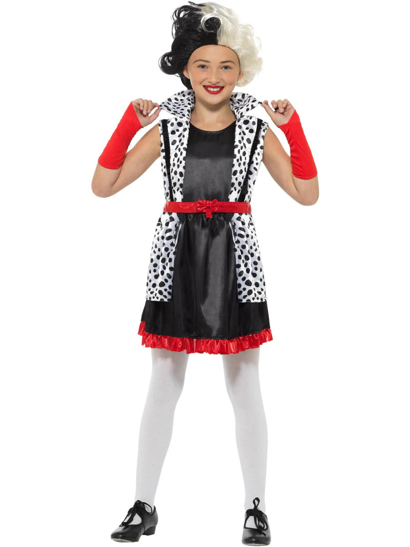 Kids Cruella Costume - Dalmatian Villain Dress & Gloves