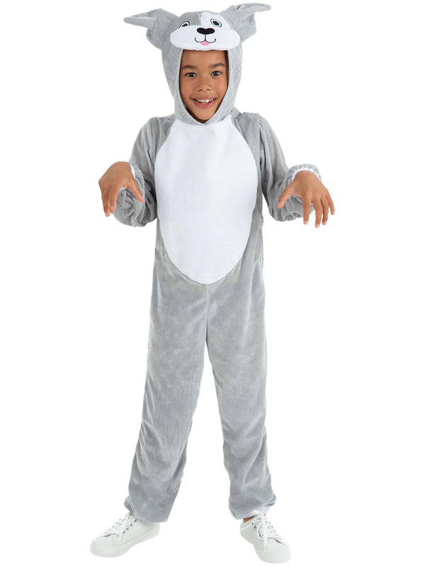 Kids Grey Puppy Dog Costume - Hooded Plush Jumpsuit