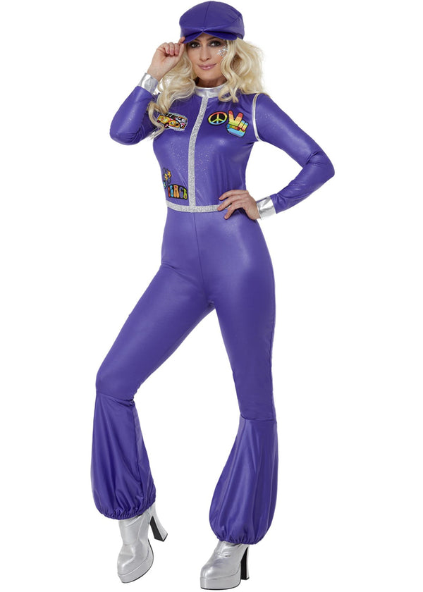 Womens purple 70s disco jumpsuit costume with bell-bottom flare, silver lamé trim, and retro appliqué patches