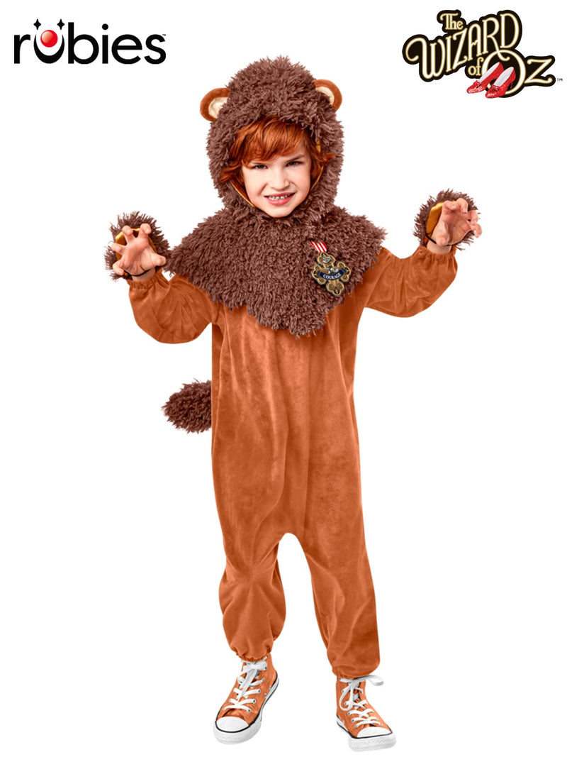 Kids Cowardly Lion costume full view showing plush tan jumpsuit with shaggy brown mane and headpiece