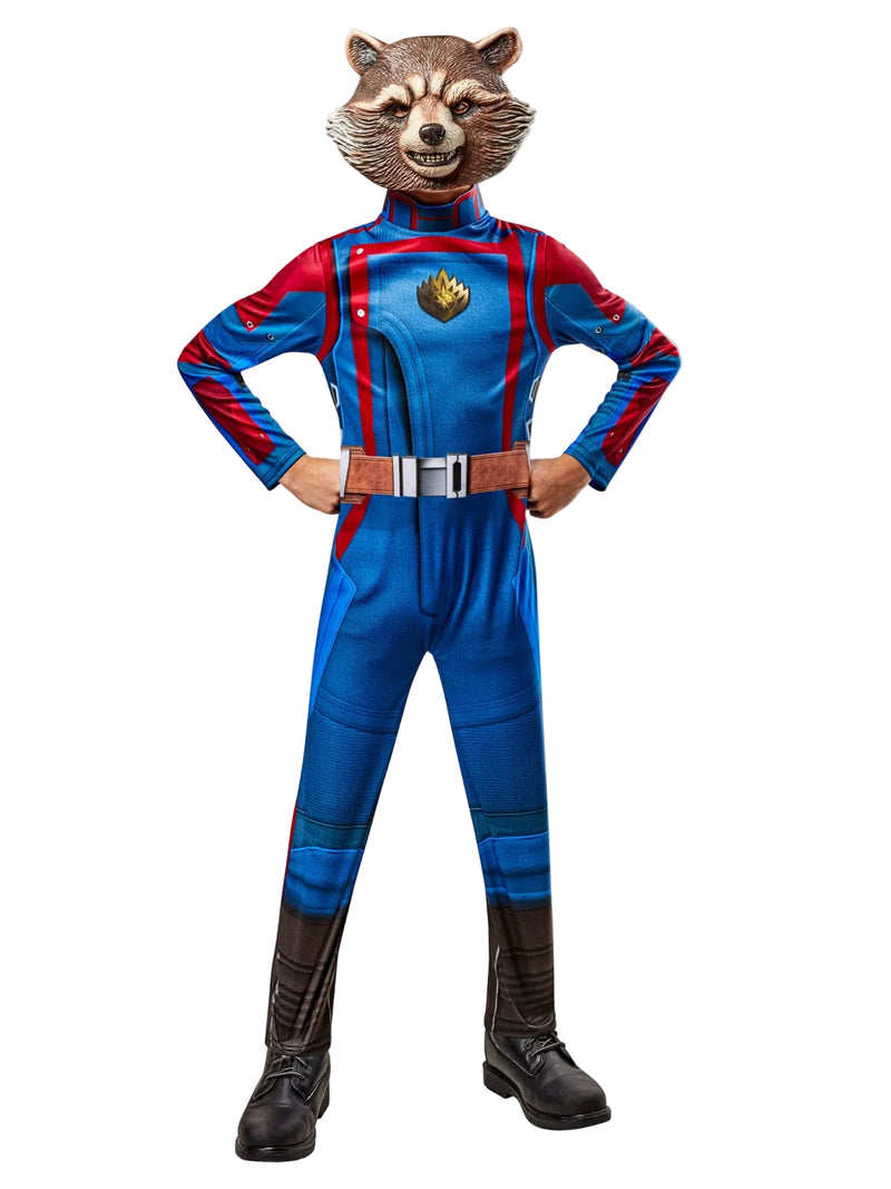 Kids Rocket Raccoon costume from Marvel Guardians of the Galaxy Vol 3 with blue jumpsuit, red shoulder panels, and raccoon mask