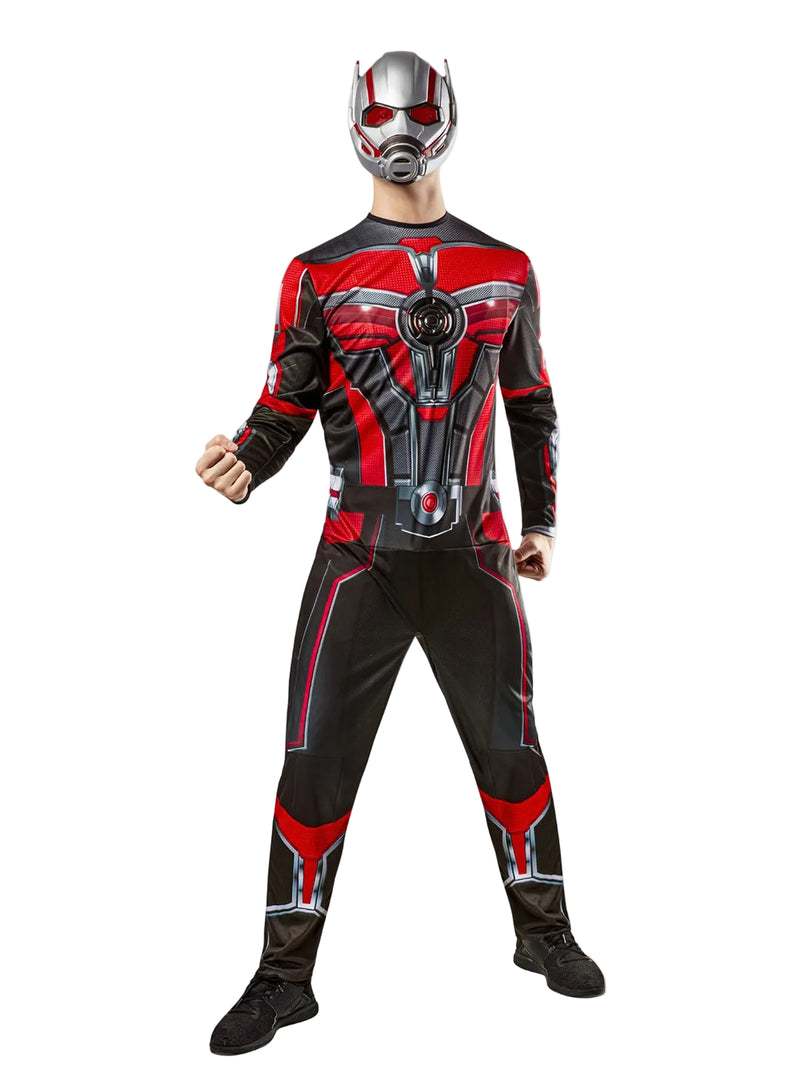 Mens Ant-Man Deluxe Costume front view showing red and black printed jumpsuit with 3D chest regulator disc and silver armor panels