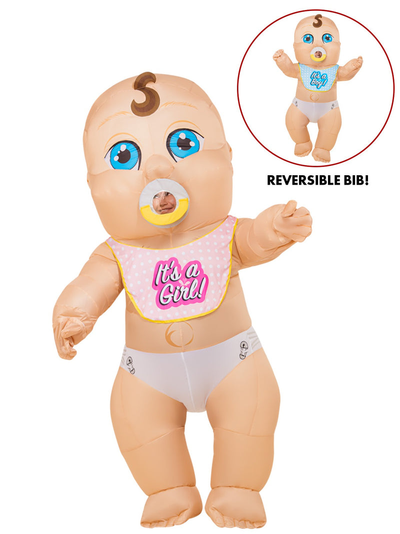 Adult inflatable baby costume standing 8 feet tall with reversible gender reveal bib