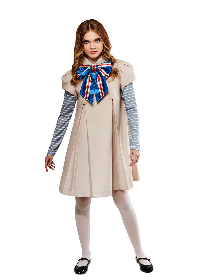 M3GAN horror film costume showing beige A-line dress and patriotic bow detail