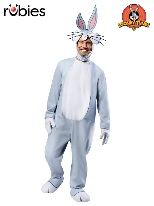 Adult Bugs Bunny costume onesie in powder blue with white belly panel and fluffy tail