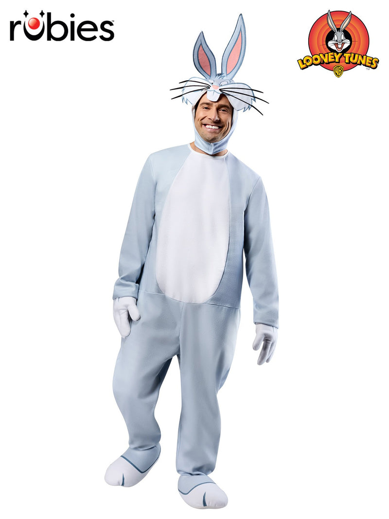 Adult Bugs Bunny costume onesie in powder blue with white belly panel and fluffy tail