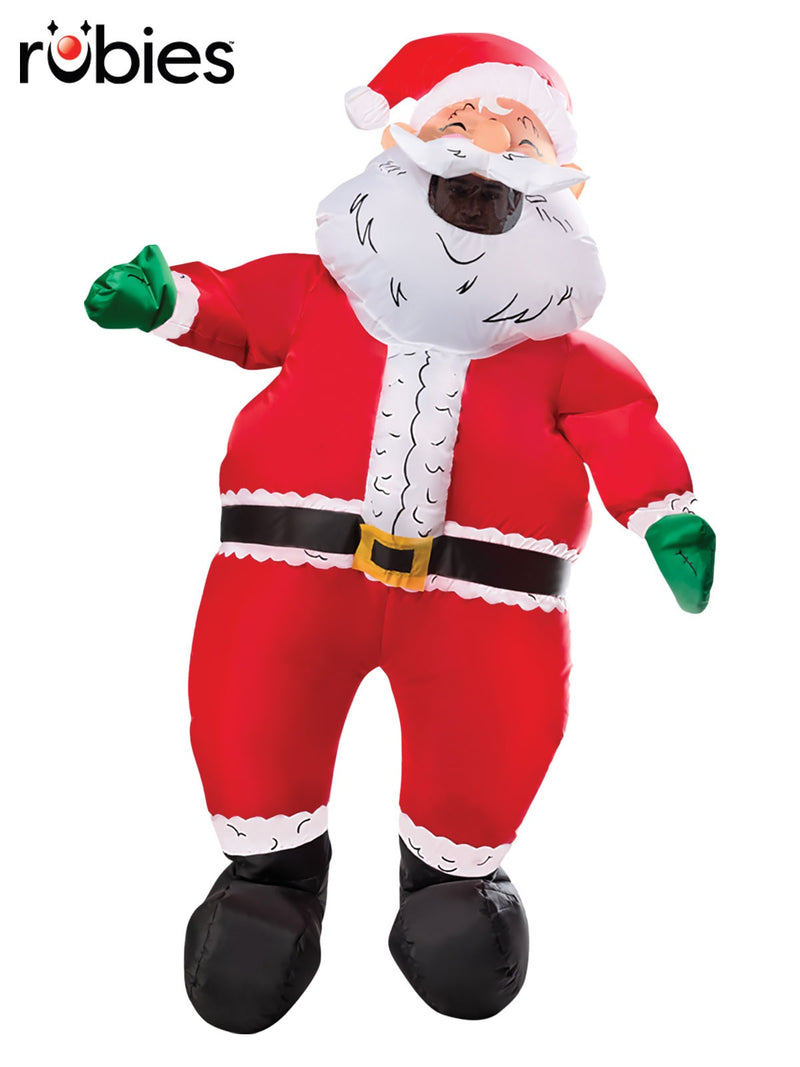 Adult inflatable Santa Claus costume full-body front view showing oversized red suit with white fur trim and cheerful face
