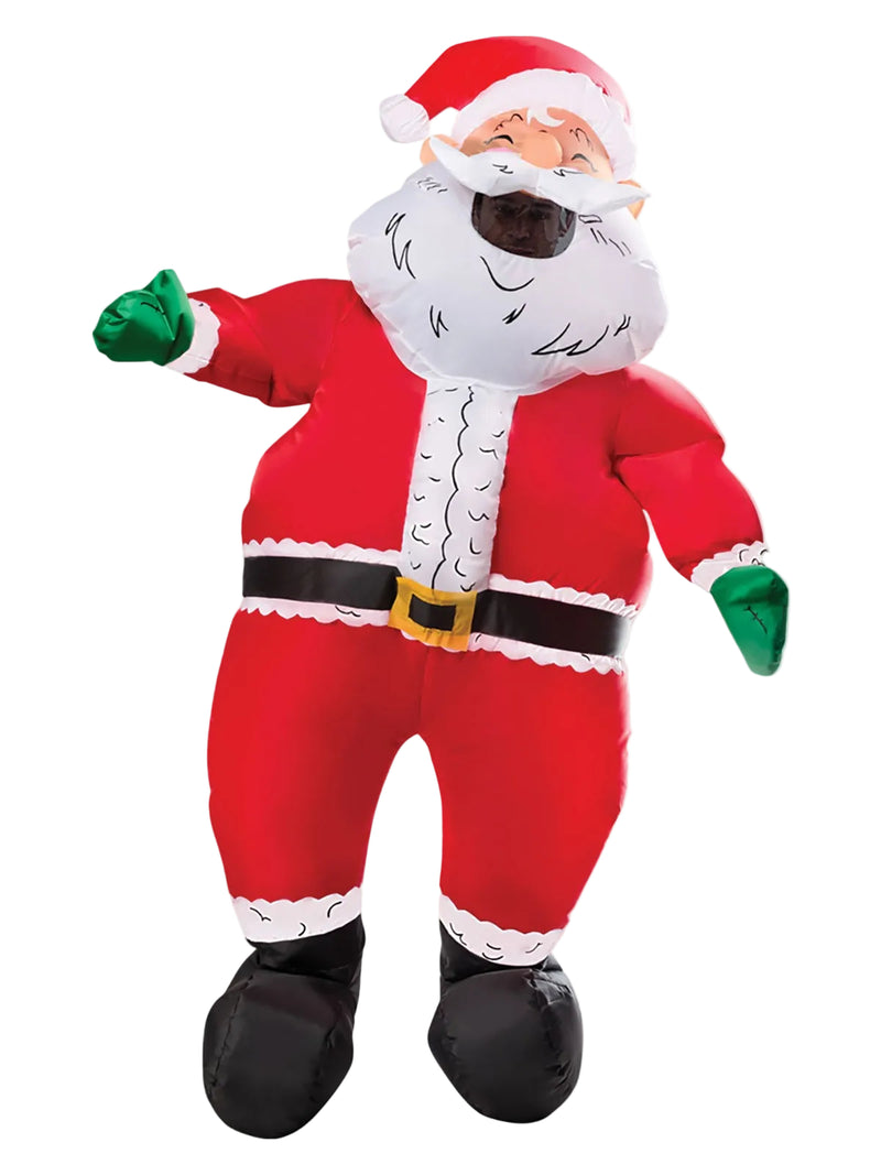 Adult inflatable Santa Claus costume full-body front view showing oversized red suit with white fur trim and cheerful face
