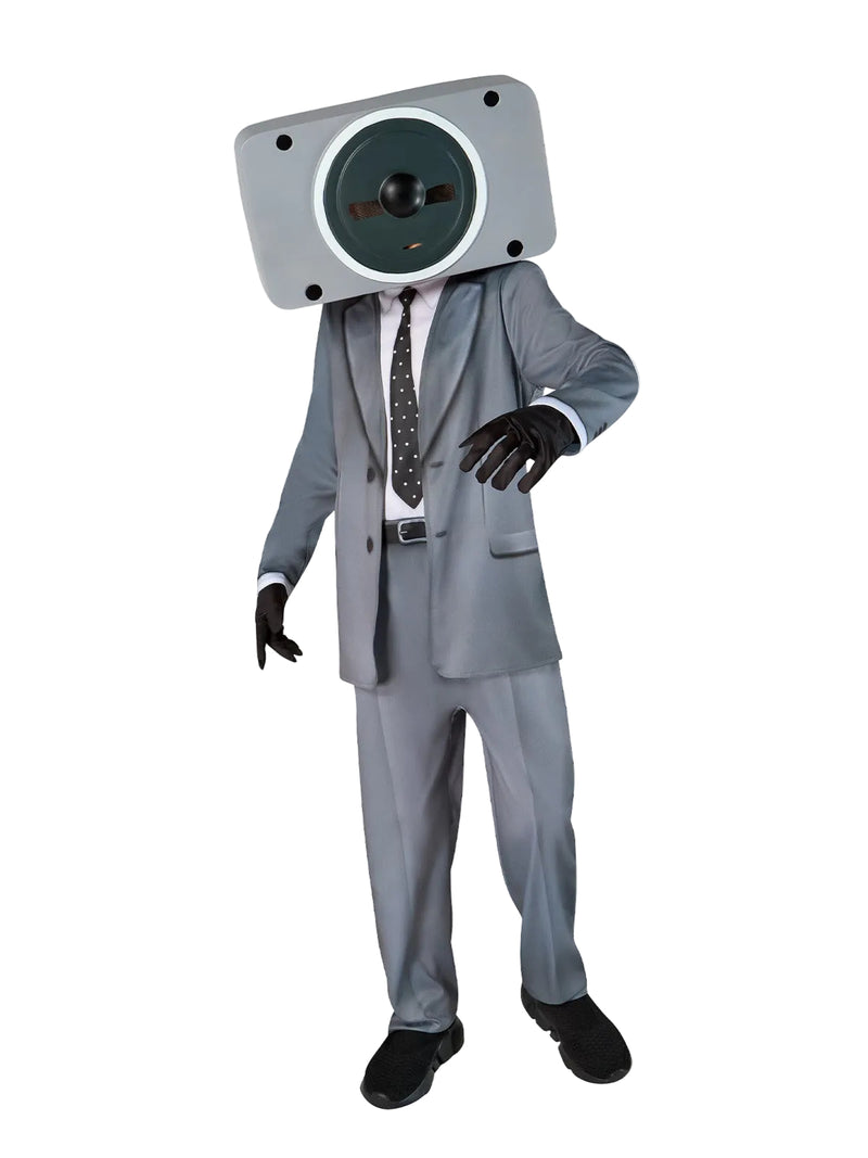 Kids Skibidi Toilet Speakerman costume with grey suit jumpsuit and speaker mask