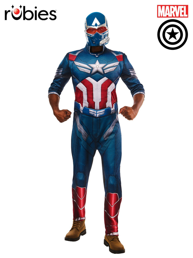 Adult Captain America Brave New World deluxe muscle-chest jumpsuit costume with metallic star emblem and digital armor print