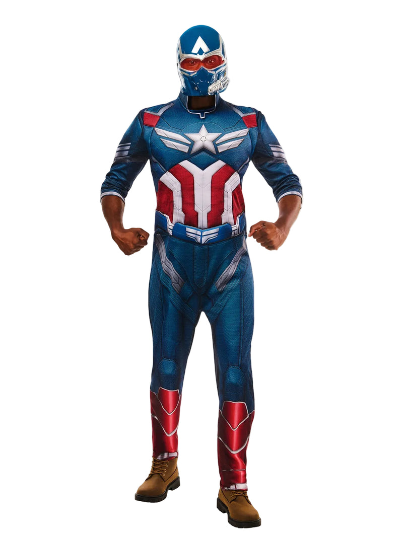 Adult Captain America Brave New World deluxe muscle-chest jumpsuit costume with metallic star emblem and digital armor print