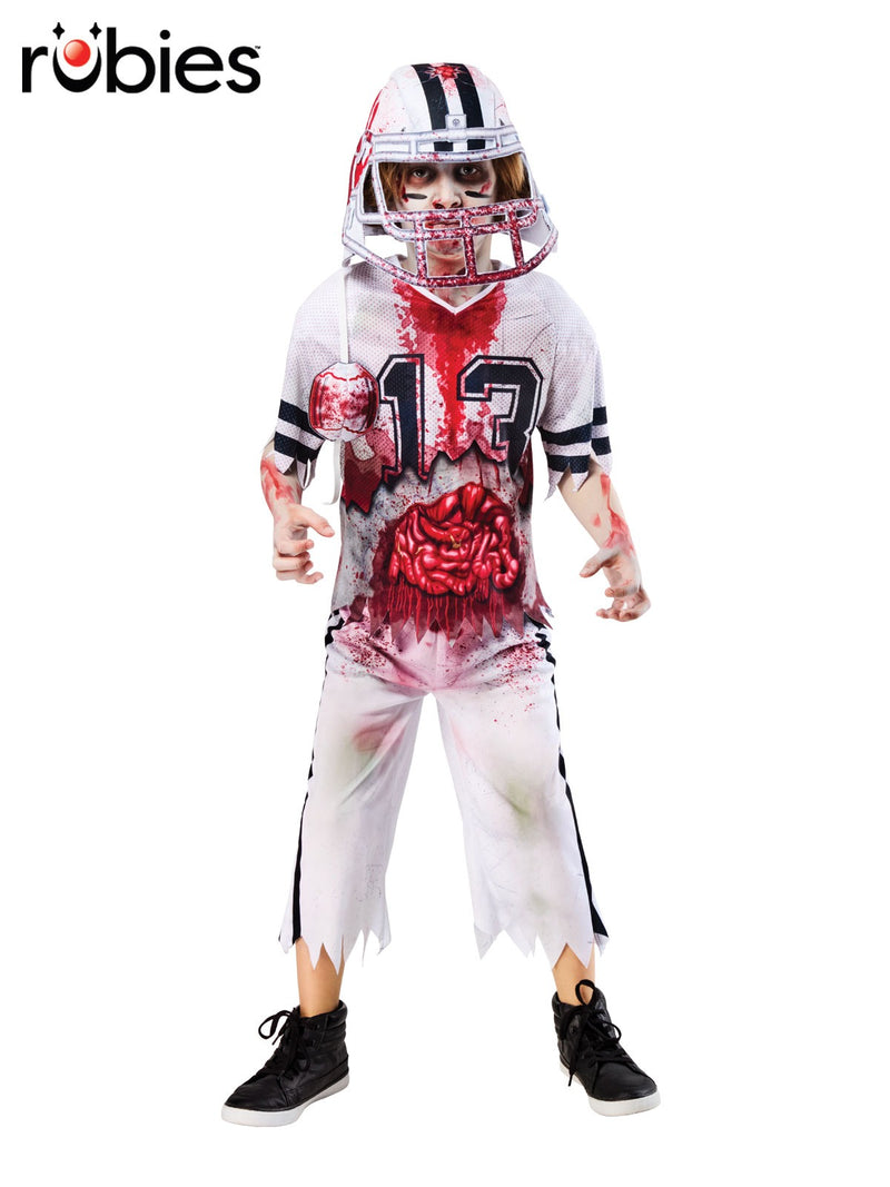 Kids zombie football player costume with blood-splattered white jersey and number 12