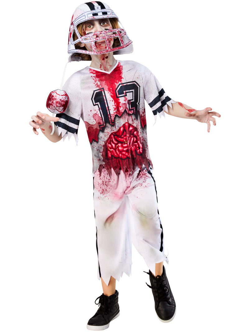 Child wearing undead quarterback costume with torn pants and gore detail