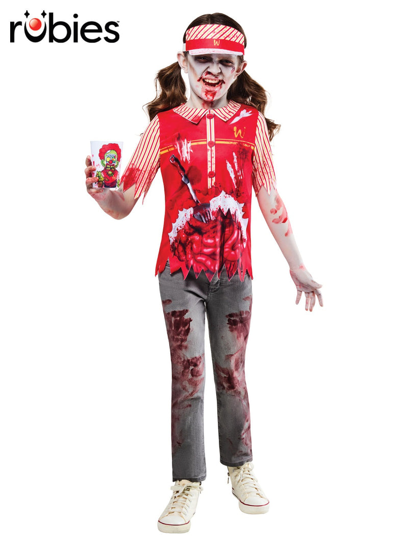 Kids zombie fast food worker costume with blood-splattered red tunic and visor