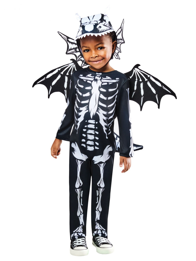 Kids Skeleton Dragon Costume - Black Bone Print with Wings & Hood