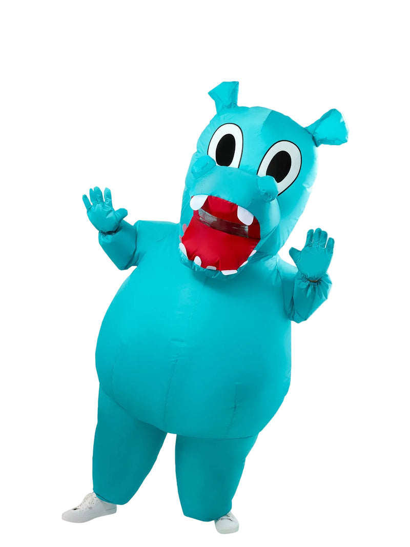 Adult wearing turquoise Hungry Hungry Hippos inflatable costume with wide-open mouth and cartoon eyes