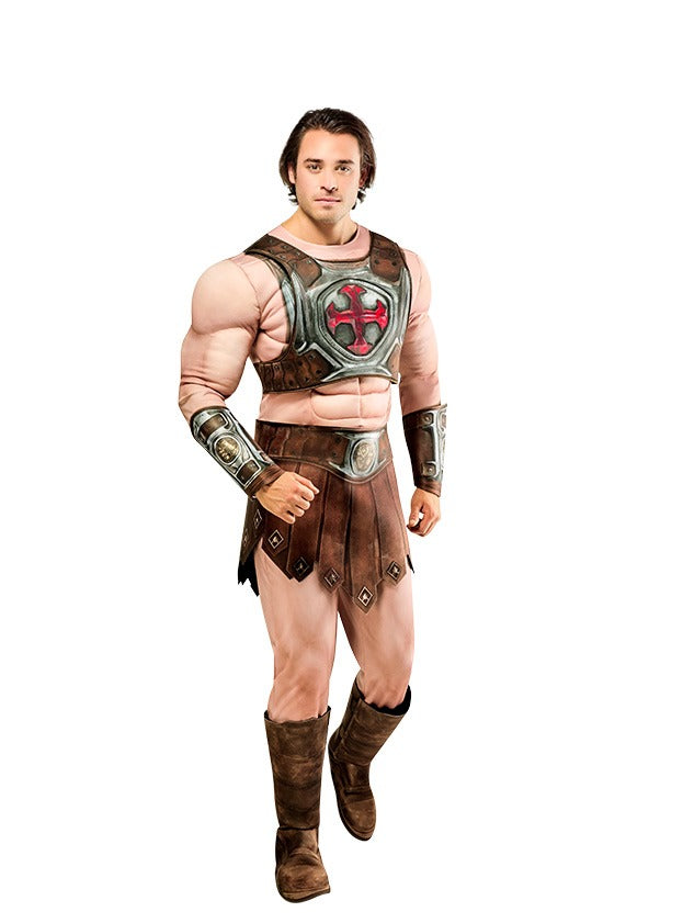 He-Man costume back view displaying harness straps and attached cape with metallic silver accents
