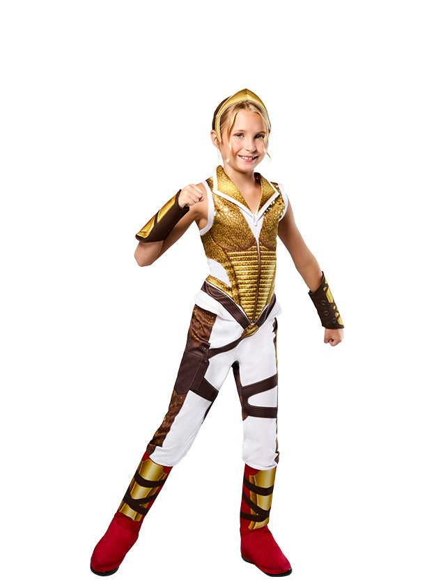 Close-up of Teela costume bodice showing gold geometric armor print and 3D gauntlets on arms