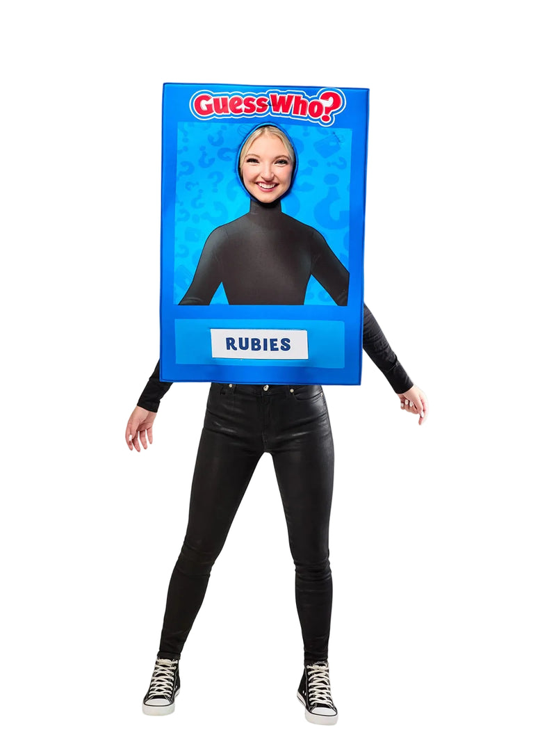 Adult wearing Hasbro Guess Who? costume tabard with blue frame and face cut-out