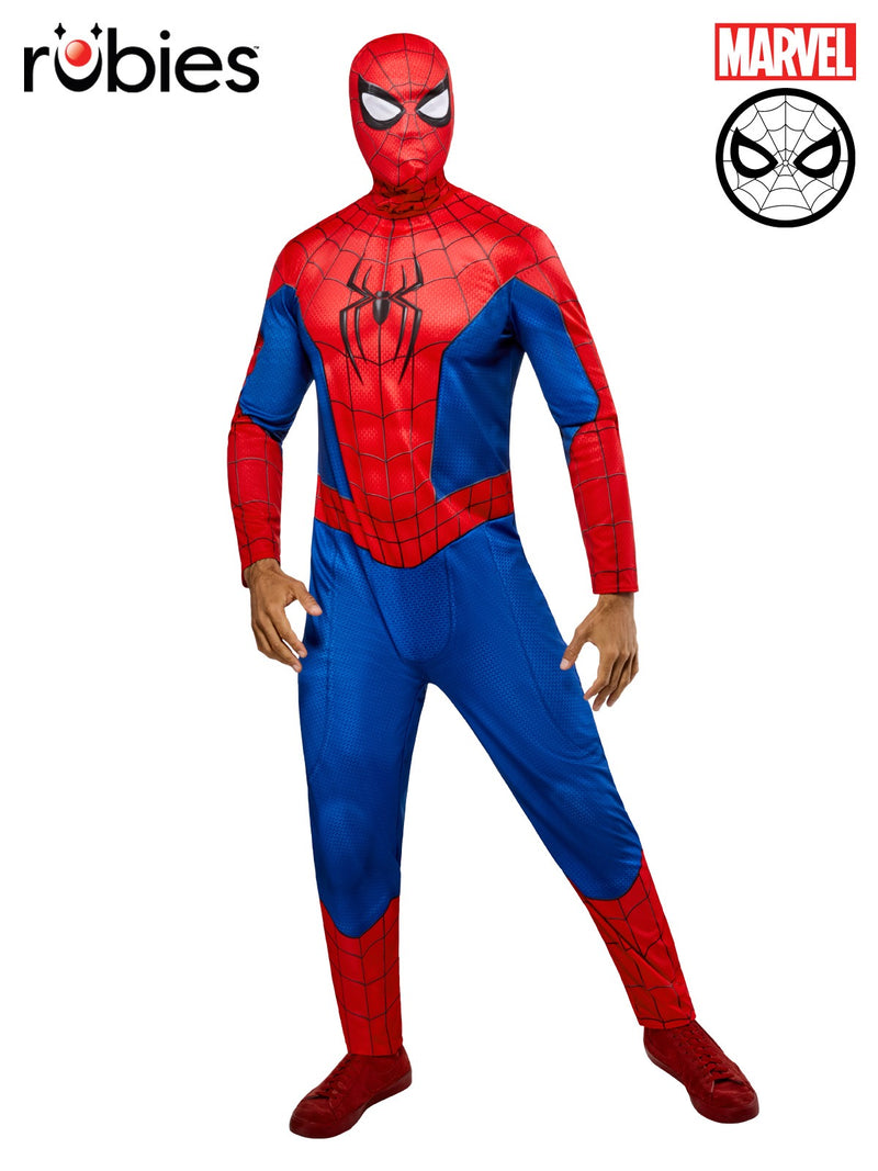 Adult Spider-Man costume full body jumpsuit with red and blue web print